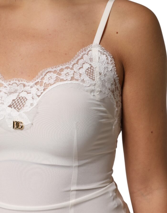 Dolce & Gabbana Beyaz Dantel Altın DG Logo İpek Elbise Uyku Giyimi - Görsel 6