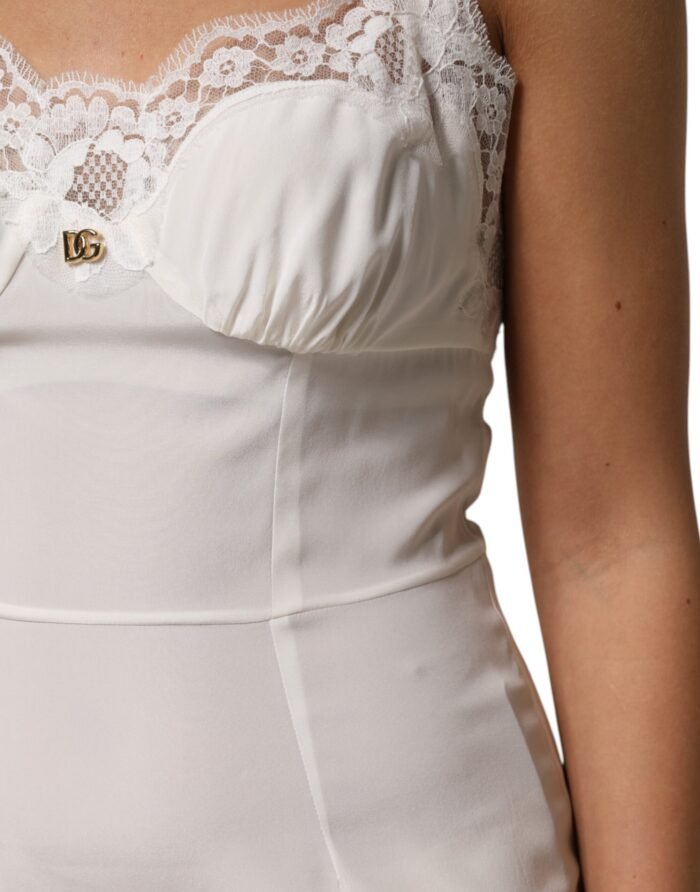 Dolce & Gabbana Beyaz Dantel DG Logo İpek Elbise - Görsel 6