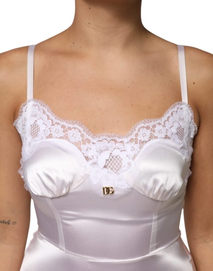 Dolce & Gabbana Beyaz Dantel Altın DG Logolu İpek Elbise Uyku Giyimi - Görsel 5