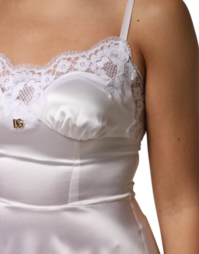 Dolce & Gabbana Beyaz Dantel Altın DG Logolu İpek Elbise Uyku Giyimi - Görsel 6