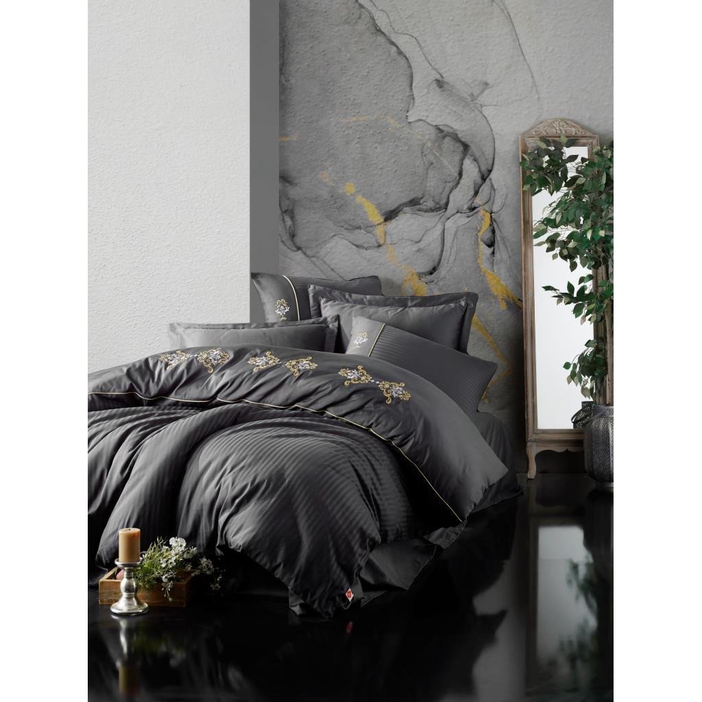 850ad50db9708045061c-0 Cotton Box Brode Saten Çift Kişilik Nevresim Takımı King Antrasit - Görsel 1