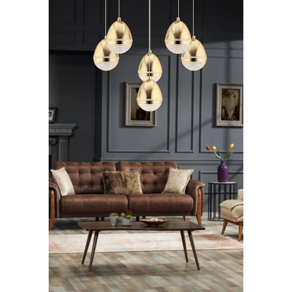 1f15825fda4cc5a78019-0 Apliqa Amaya 6'lı Yuvarlak Gold Damla Başlıklı Modern Salon Led Avize - Görsel 1