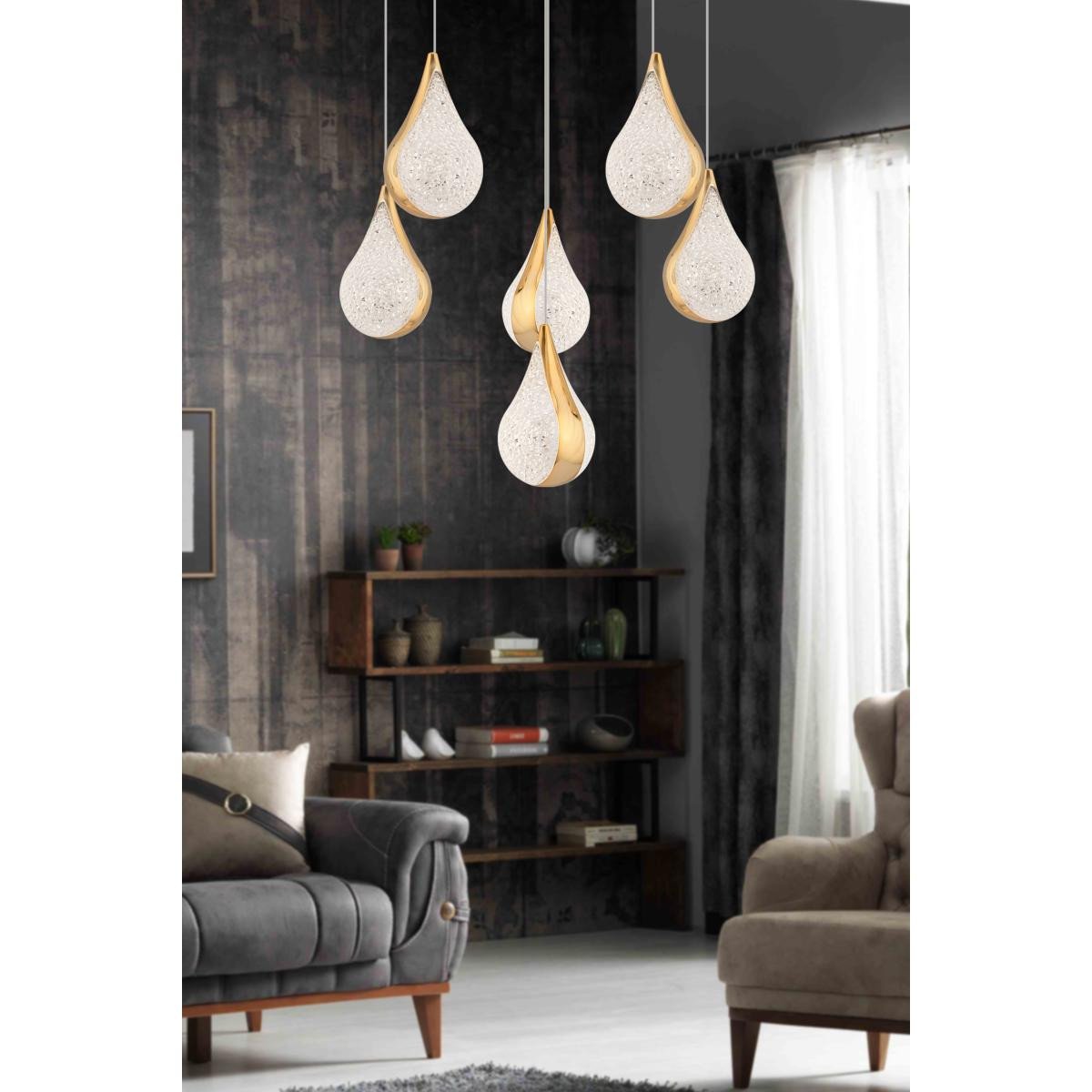 7a16264c21f85f835739-0 Apliqa Biana 6'lı Yuvarlak Gold Damla Başlıklı Modern Salon Led Avize - Görsel 1