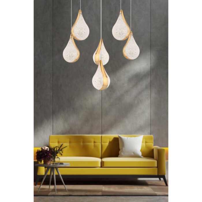Apliqa Biana 6'lı Yuvarlak Gold Damla Başlıklı Modern Salon Led Avize - Görsel 2