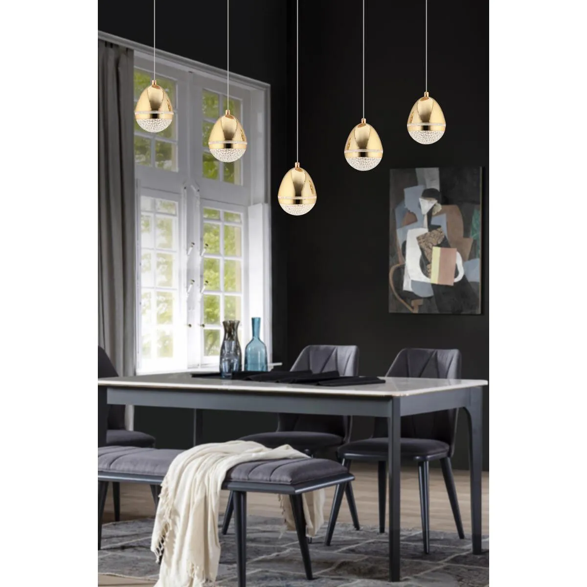 ebf010d69d25d5004bb7-0 Apliqa Amaya 5'li Sıralı Gold Damla Başlıklı Modern Salon Led Avize - Görsel 1