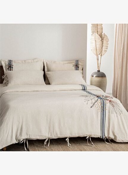 Ecocotton Charla Çift Kişilik Nevresim Takımı %100 Organik Pamuk Kenevir Karışımlı Ekru-Lacivert 200x220 Cm