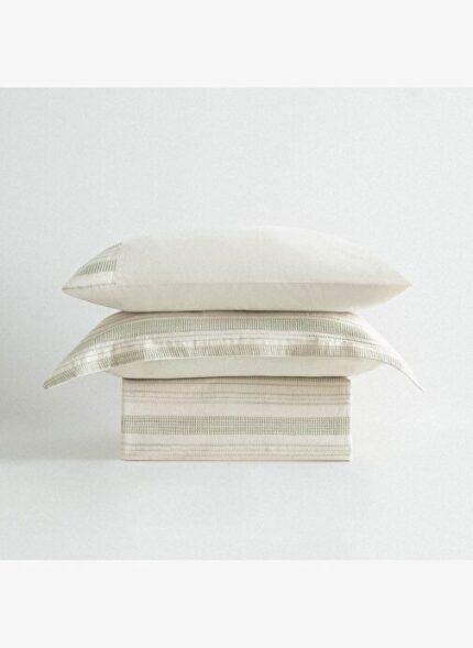 Ecocotton İkra Battal Boy Nevresim Takımı %100 Organik Pamuk Dokuma Krem-Yeşil 240x220 Cm