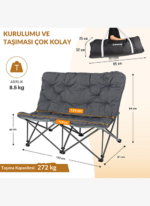 KingCamp Lemon Lux Double Ultra Konforlu Çift Kişilik Kamp Sandalyesi Grey - Görsel 4