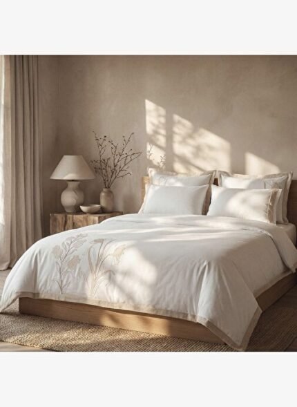 Ecocotton Leda Çift Kişilik Nevresim Takımı %100 Organik Pamuk Keten Nakışlı Krem 200x220 Cm