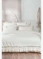 Ecocotton Leyna Battal Boy Nevresim Takımı %100 Organik Pamuk Keten El Nakışlı Krem 240x220 Cm
