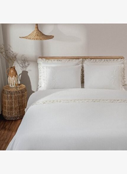 Ecocotton Paye Çift Kişilik Nevresim Takımı %100 Organik Pamuk Percal Nakışlı Dantelli Krem 200x220 Cm