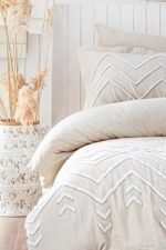 Ecocotton Talya Battal Boy Nevresim Takımı %100 Pamuk Keten Panç Nakışlı Krem-Bej 240x220 Cm