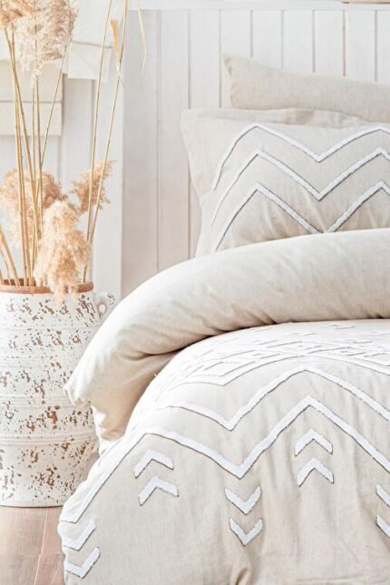 Ecocotton Talya Battal Boy Nevresim Takımı %100 Pamuk Keten Panç Nakışlı Krem-Bej 240x220 Cm