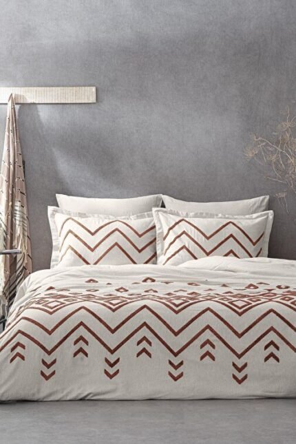 Ecocotton Talya Battal Boy Nevresim Takımı %100 Pamuk Keten Panç Nakışlı Terra-Bej 240x220 Cm