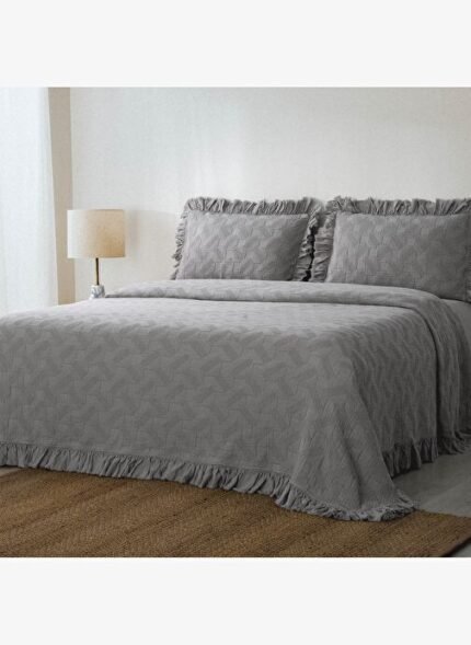 Ecocotton Tanya Çift Kişilik Pike Yatak Örtüsü Takımı %100 Pamuk Dokuma Gri 260X240 Cm