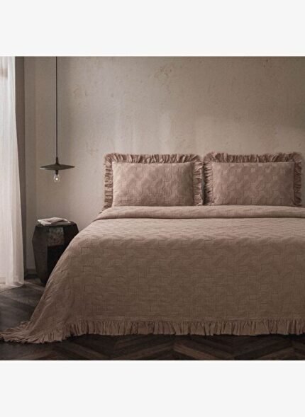 Ecocotton Tanya Çift Kişilik Pike Yatak Örtüsü Takımı %100 Pamuk Dokuma Pudra 260X240 Cm