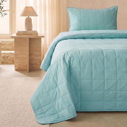 0 Pamuk Kumaş Kapitoneli Mint Çok Amaçlı Tek Kişilik Yatak Örtüsü Seti 1 Adet 180 X 230 / 1 Adet 50 X 70 Cm