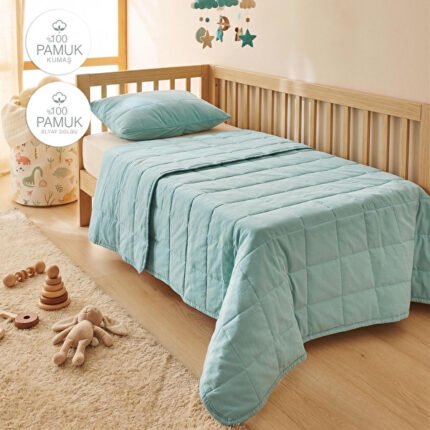 0 Pamuk Kumaş Kapitoneli Mint Çok Amaçlı Bebek Yatak Örtüsü Seti 1 Adet 100 X 150 / 1 Adet 37 X 47 Cm