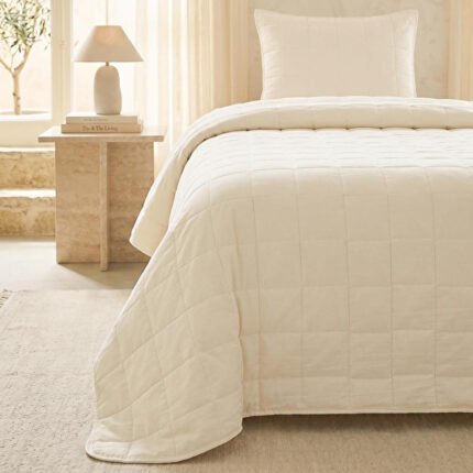 0 Pamuk Kumaş Kapitoneli Ekru Çok Amaçlı Tek Kişilik Yatak Örtüsü Seti 1 Adet 180 X 230 / 1 Adet 50 X 70 Cm