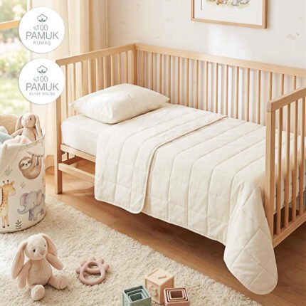 0 Pamuk Kumaş Kapitoneli Ekru Çok Amaçlı Bebek Yatak Örtüsü Seti 1 Adet 100 X 150 / 1 Adet 37 X 47 Cm