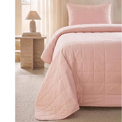 0 Pamuk Kumaş Kapitoneli Pembe Çok Amaçlı Tek Kişilik Yatak Örtüsü Seti 1 Adet 180 X 230 / 1 Adet 50 X 70 Cm