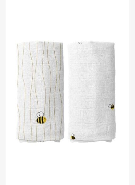 Casadora Baby Happy Bee Nakışlı %100 Organik Pamuk Müslin 2'li Örtü Seti 90 x 90 cm