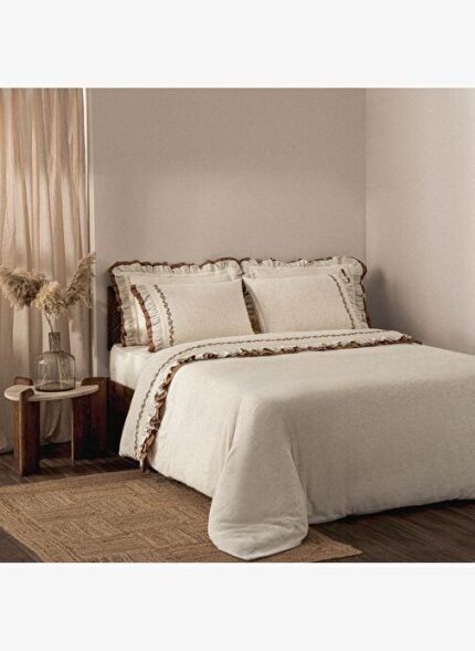 Ecocotton Maide Çift Kişilik Nevresim Takımı %100 Organik Pamuk Kenevir Karışımlı Nakışlı Bej 200x220 Cm